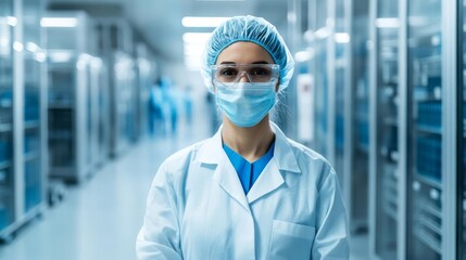 Biopharmaceutical engineer performing cell line development for protein production, cell optimization, biomanufacturing