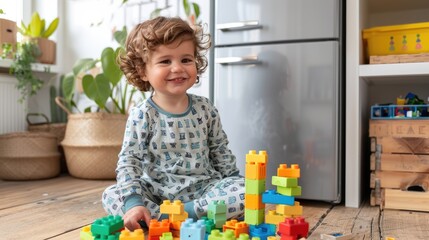 Little child in pajamas sits on wooden kitchen floor in front of refrigerator playing with colorful blocks and imagining adorable and happy scene.