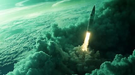 Rocket Launch Through Green Clouds Over Earth