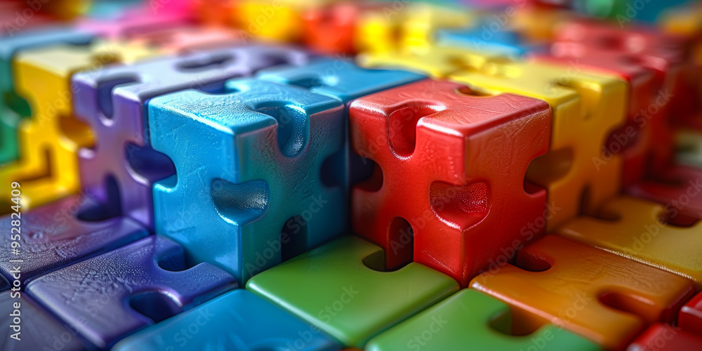 Poster a colorful jigsaw puzzle with a red piece in the middle. the puzzle is made up of many different col