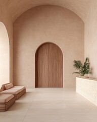 Elegant Luxury Hotel Lobby with Arched Wooden Door and Minimalist Decor – Serene Interior Design with Natural Tones and Modern Elements