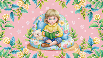 Fototapeta premium Absorbed young reader enjoying book on cozy floral armchair against dreamy pink background
