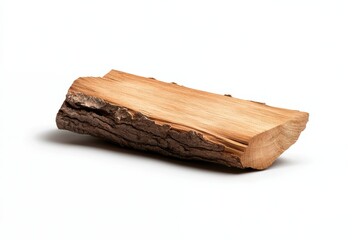 Single piece of split log with bark, isolated on white background. Ideal for firewood, camping, or woodworking projects.