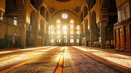 Obraz premium Spacious prayer hall in a mosque featuring rows of arches and a large ornate window casting soft light on the patterned carpet.