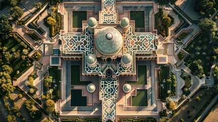 Aerial view of a grand mosque surrounded by ornate gardens and geometric water features, showcasing symmetry and design.