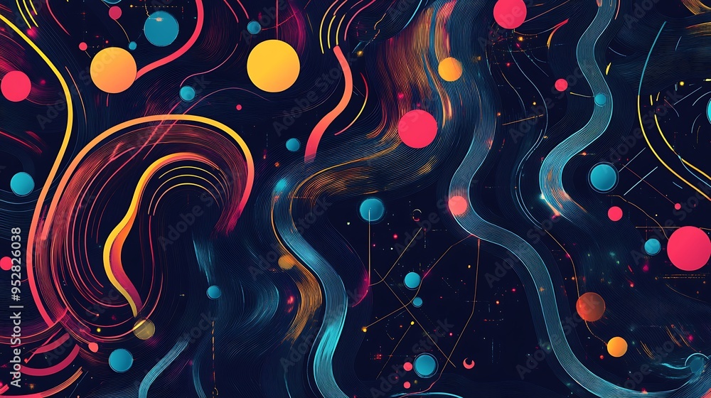 Poster abstract digital art with wavy lines and colorful circles