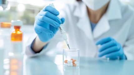 Fototapeta premium Biotechnologist testing new drug formulations in a high-tech laboratory, drug testing, pharmaceutical innovation