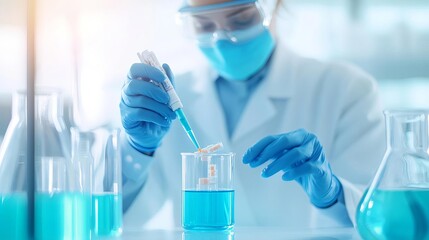 Fototapeta premium Biotechnologist testing new drug formulations in a high-tech laboratory, drug testing, pharmaceutical innovation