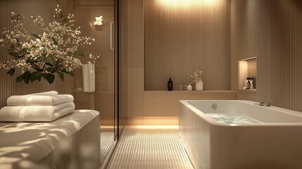 luxury hotel design, create a luxurious guest experience in hotel rooms with reeded glass panels in the bathroom, blending functionality and style seamlessly