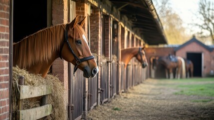 Horses looking out from stalls in a peaceful countryside stable setting