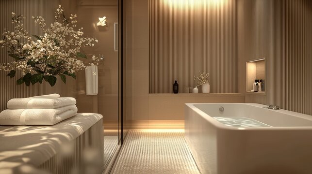 luxury hotel design, create a luxurious guest experience in hotel rooms with reeded glass panels in the bathroom, blending functionality and style seamlessly