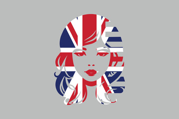 United Kingdom flag and British girl’s shape, British face, United Kingdom flag, Uk, British, silhouette vector
