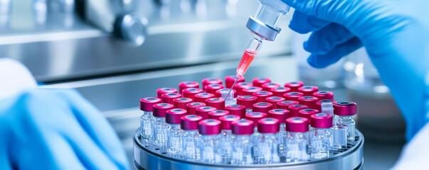 Close-up of mRNA vaccines being synthesized in a biopharma lab, vaccine production, mRNA technology
