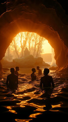 Fototapeta premium A group of people standing in the water in a cave