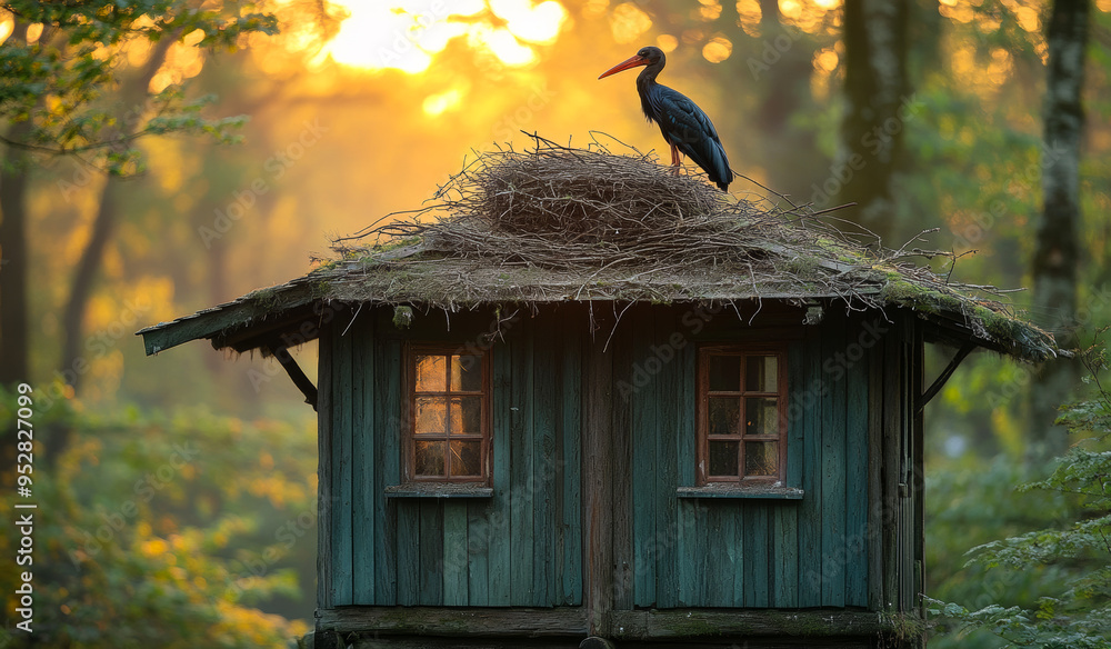 Poster a bird is perched on top of a small wooden structure. the bird is a heron, and it is sitting on a ne