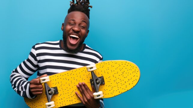A man with dreadlocks is holding a yellow skateboard and smiling.Freedom, agility, culture, adrenaline, youth, expression, movement, challenge, street concept.