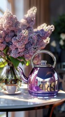 Fototapeta premium A purple tea kettle on a table, complemented by a vase of pink and lilac flowers in the background, adding a touch of elegant decoration to the setting.