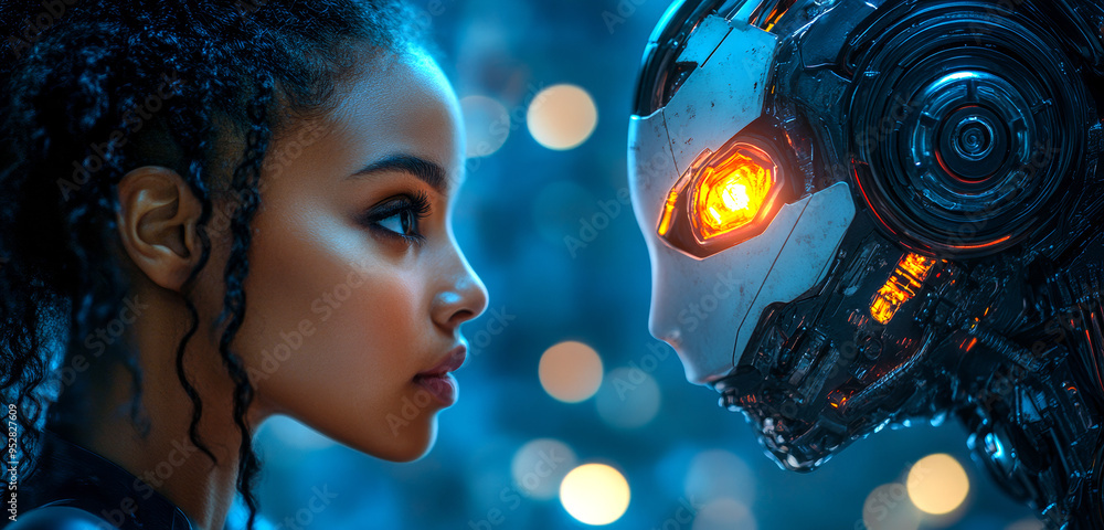 Poster a girl and a robot are facing each other. the robot has a glowing eye and a metallic face. concept o