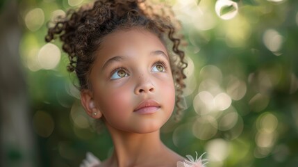 Fototapeta premium A little girl with curly hair, glancing to the left, with a soft-focus background, evoking a magical and cute childhood moment.