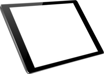 Tablet angle view. Realistic mobile device with white screen
