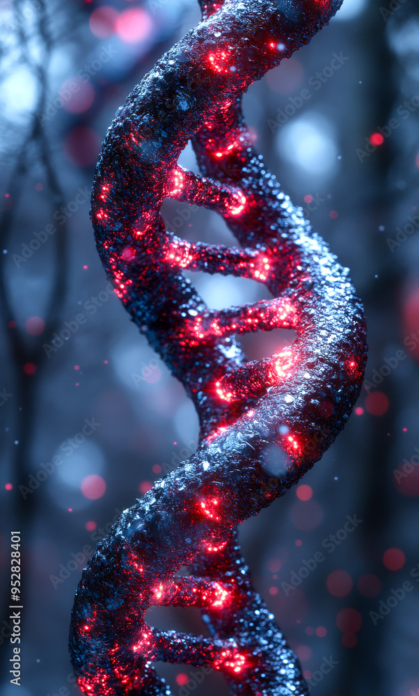 Poster a dna strand is lit up with red and blue lights. concept of wonder and fascination with the complexi