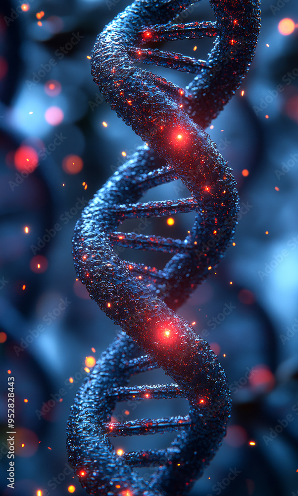 Poster a dna strand with a blue background and red glowing dots. concept of mystery and wonder, as the glow