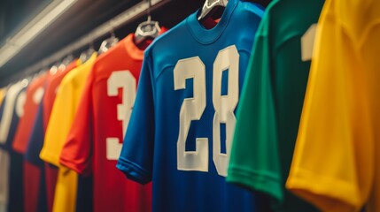 Colorful sports jerseys and numbered t shirts hanging in the locker room for american football teams