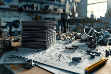 A Stack of Engineering Schematics Amidst Tools and Parts, Ready for the Next Invention.