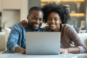 Couple browsing through online real estate listings on a laptop at home.