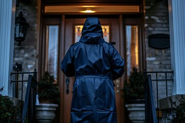 man in a raincoat standing at the entrance of a house, knocking on the door - representing a bailiff or debt collector situation.