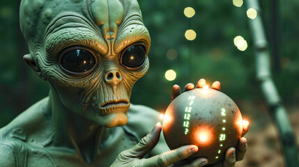 An alien holding a ball with glowing eyes