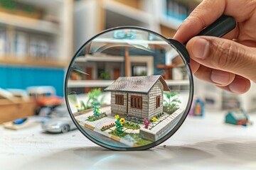 close-up of a human hand holding a magnifying glass, inspecting a small house model on a white desk. The image conveys the concepts of real estate, comparison, inspection, and appraisal.