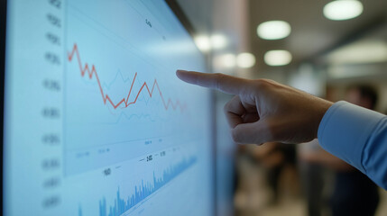 Business professional pointing at a financial graph on a digital screen, emphasizing data analysis and decision-making in a modern office