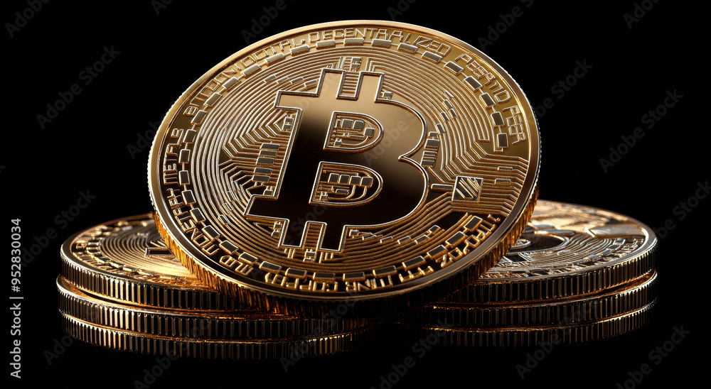 Poster three gold coins stacked on top of each other with a b on the top. the coins are shiny and look like