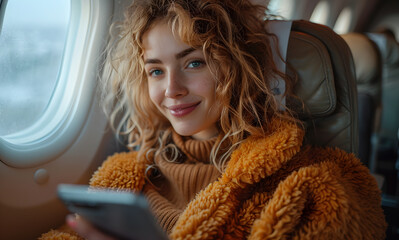 Woman Sitting in an Airplane Seat – Comfortable Travel Experience and In-Flight Relaxation