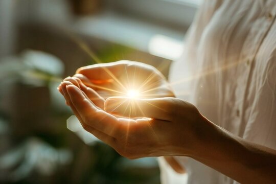 Close-up of a woman's hands glowing with mysterious power, showcasing reiki energy and spiritual healing.
