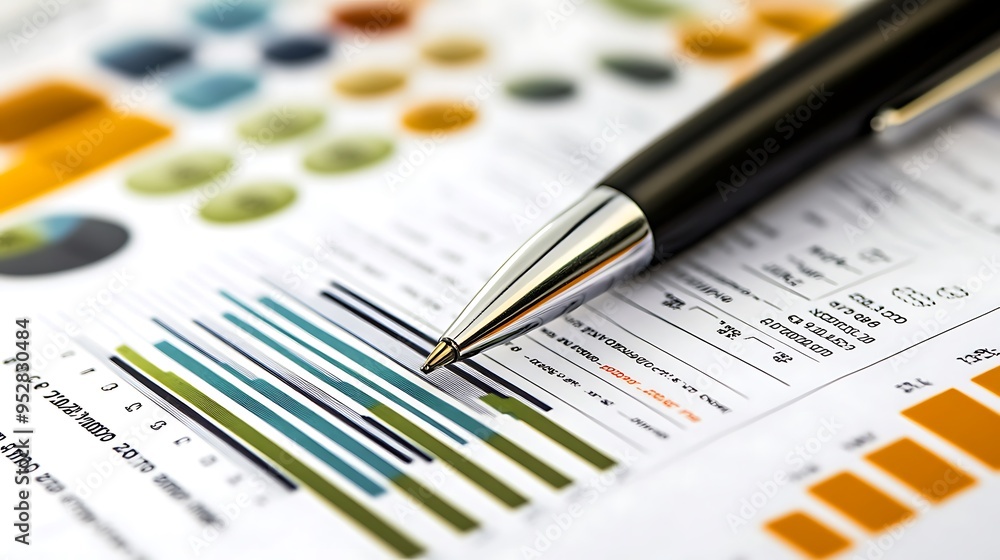 Poster a pen resting on a graph and charts on a paper document