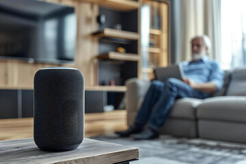 close-up shot of a wireless smart speaker in front of a senior man sitting on a sofa in his modern apartment, showcasing the use of voice assistant technology for easy audio control.