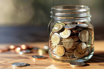 close-up shot of a glass jar filled with coins, labeled with Emergency Fund on a wooden desk. The image depicts concepts of salary, money management, budgeting, and saving