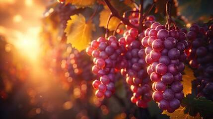 Close up of grapes in a vineyard, with the warm light of a sunset in the background.