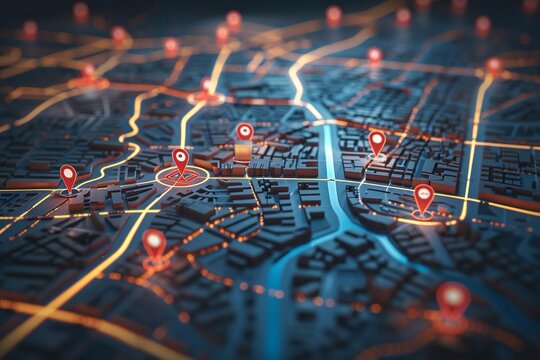 Close-up of a road map with red navigation icons showing points of interest and directions.