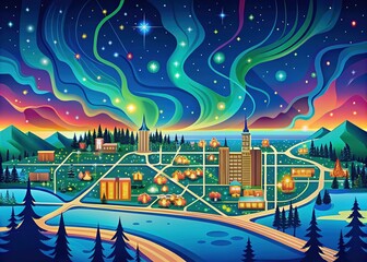 Vibrant color illustration of Fairbanks, Alaska city map, highlighting streets, parks, and landmarks, surrounded by aurora-inspired hues, set against a starry night sky.