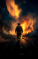 Obraz premium A firefighter walking down a street in front of a burning building