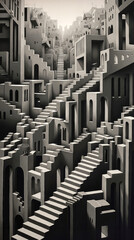A black and white illustration of a city with stairs going up to the top