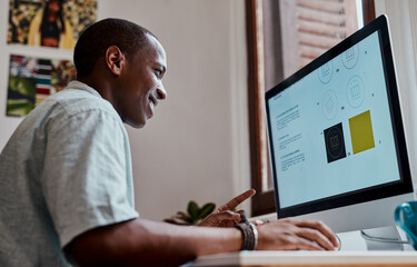 Office, happy black man and graphic designer on computer for creative business logo design at...