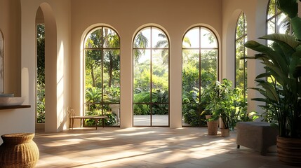Sunlit Interior with Arched Windows and Lush Greenery