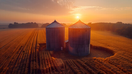 Aerial View of Agricultural Silos and Building | Modern Grain Storage Facilities in a Rural Farming Landscape