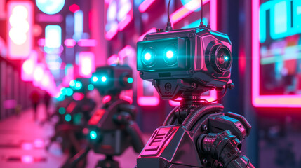 A group of robots walking down a city street at night