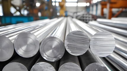 Aluminum billets at the factory. Production of clean and high-quality products. Concept banner template for advertising and presentation of production and manufacturing materials with copyspace