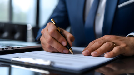 Businessman signs a document. Concept template about successful sales, concluding a contract, business transactions.